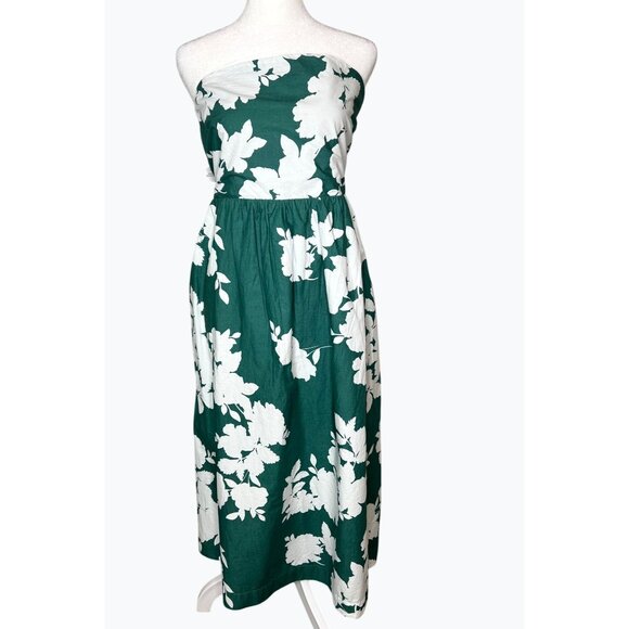 Cynthia Rowley Green & White Floral Strapless Midi Dress Elastic Smocked Back 14 - Picture 9 of 13